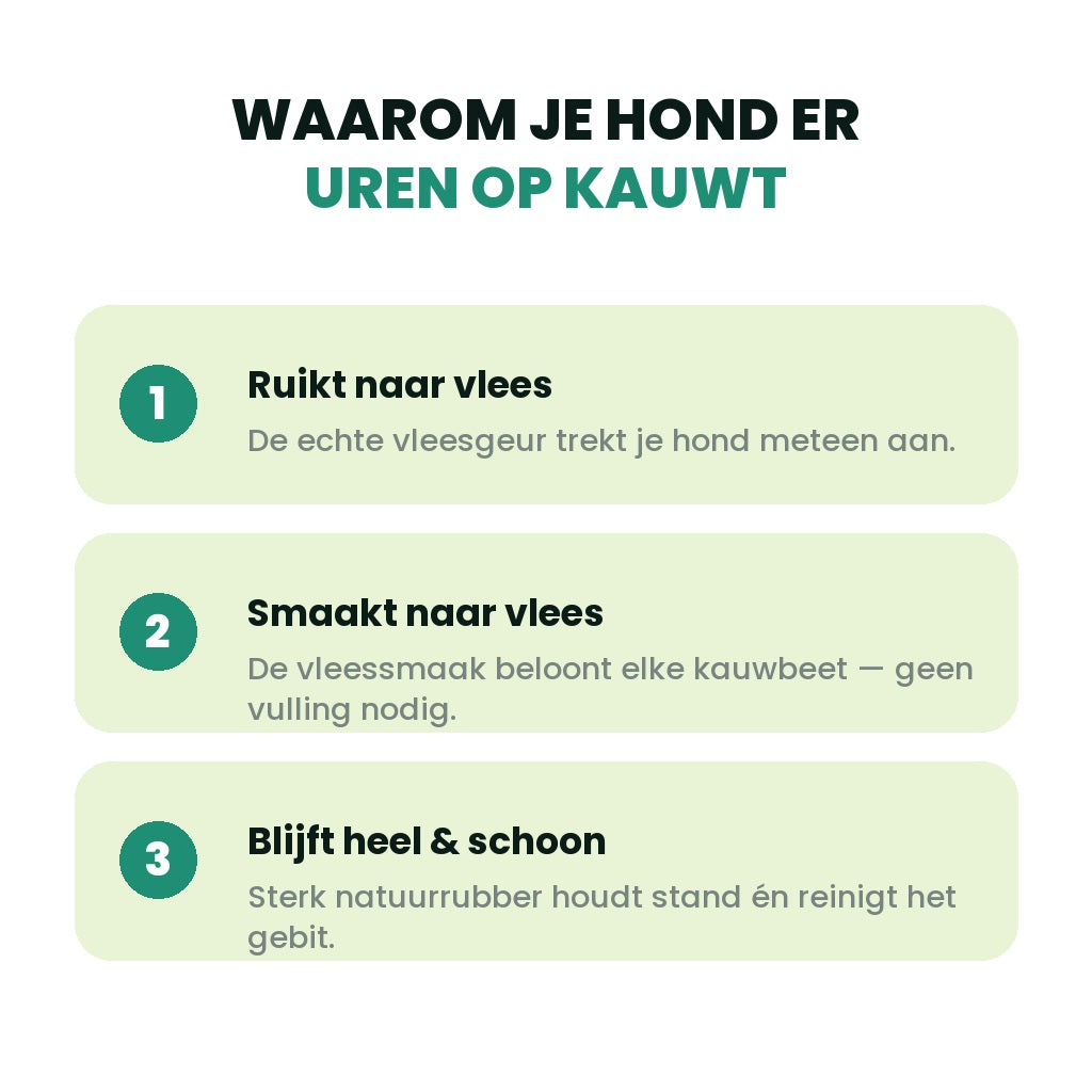 Zo werkt het: ruikt naar vlees, smaakt naar vlees, blijft heel en reinigt het gebit