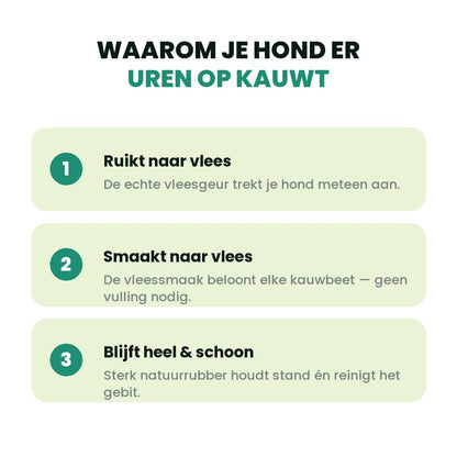 Zo werkt het: ruikt naar vlees, smaakt naar vlees, blijft heel en reinigt het gebit