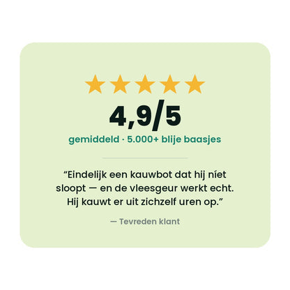 4,9 van 5 sterren en 5.000+ blije baasjes voor het kauwspeelgoed met vleessmaak