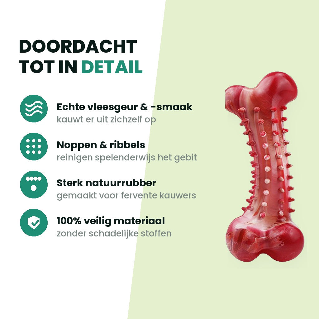 Detail: vleesgeur en -smaak, noppen voor gebitsreiniging, sterk natuurrubber, veilig materiaal