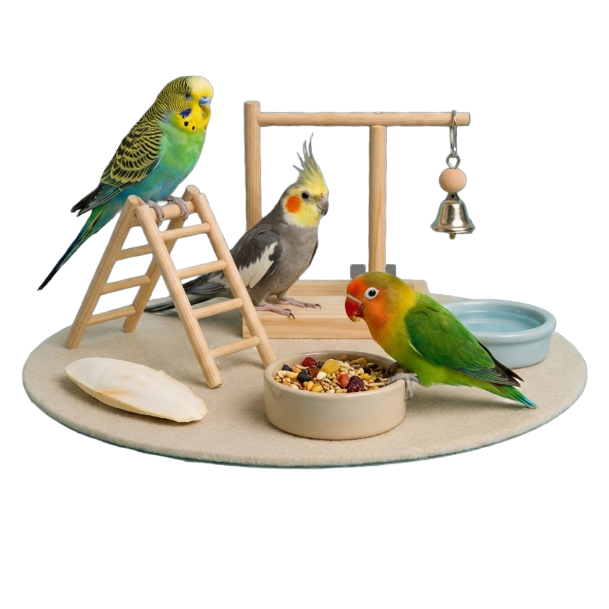 Een groep blije vogels omringt met accessoires en speeltjes