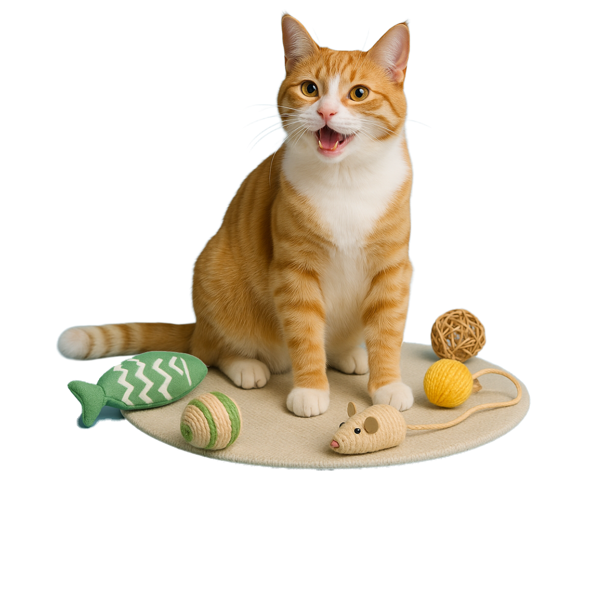 Een blije kat omringt met accessoires en speeltjes