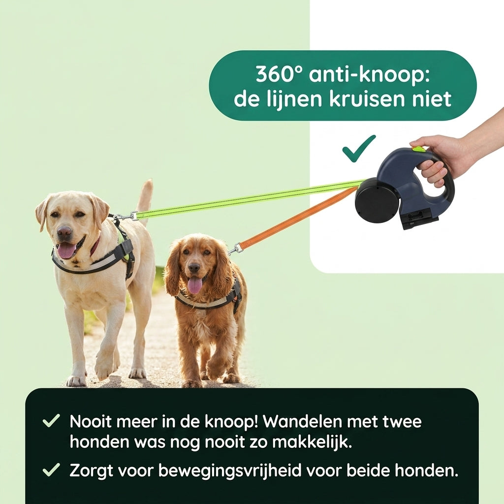 360 graden anti-knoop: twee honden aan aparte lijnen