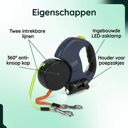 Kenmerken: twee intrekbare lijnen, anti-knoop kop, LED-zaklamp, poepzakjes-houder