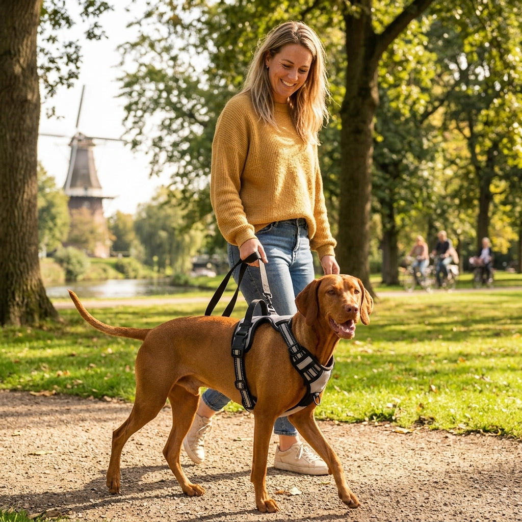 Hond draagt het anti-trek vesttuig tijdens een ontspannen wandeling