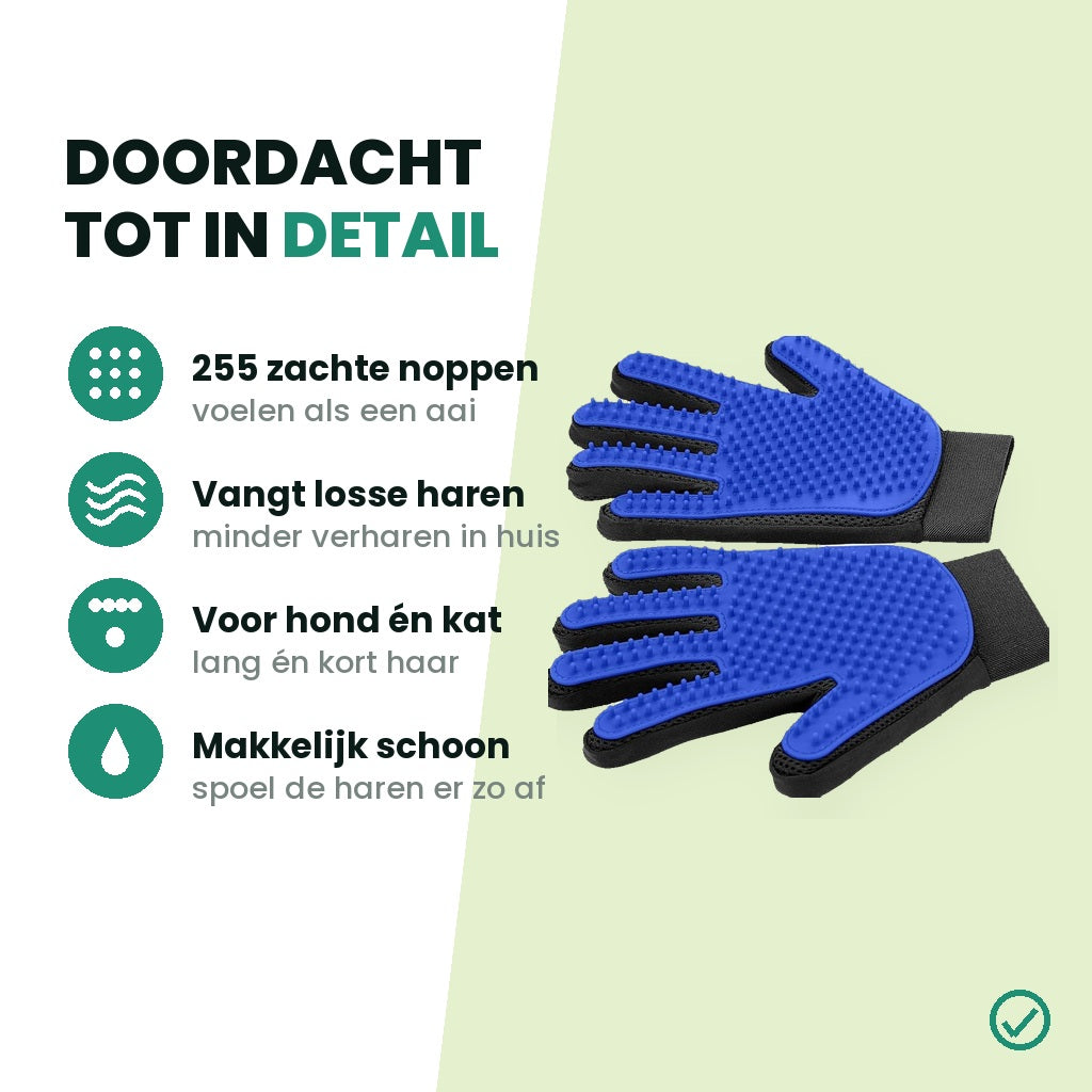 Kenmerken vachthandschoen: 255 noppen, voor hond en kat, makkelijk schoon